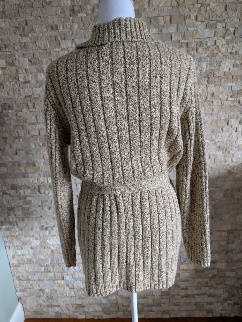 Belted Knit Cardigan Sz S Ribbed Neutral Beige Taupe Coastal Grandma Quiet Cozy image 3